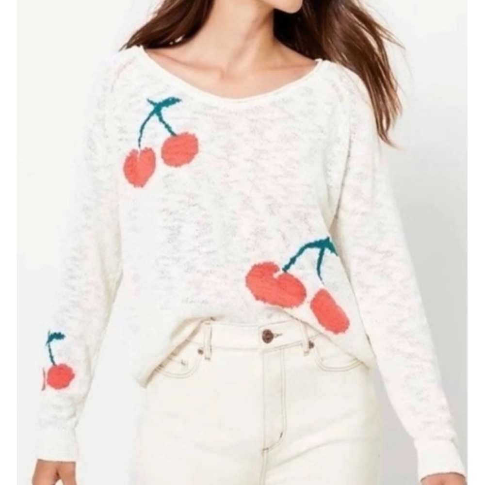 LOU & GREY Light Off White Long Sleeve WIDE Neck Cherries Sweater Sz XS